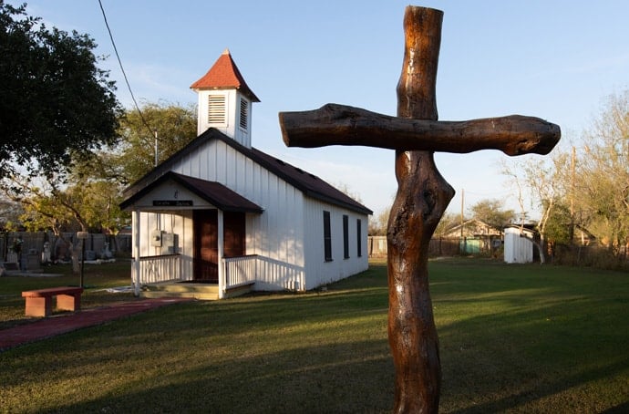 Jackson Chapel United Methodist Church in San Juan, Texas, is known as the first Spanish-speaking Protestant Church in the Rio Grande Valley. The chapel held services until it was flooded in 2008. President Trump’s proposed border wall is slated to run through the property and two historic cemeteries. File photo by Mike DuBose, UM News.