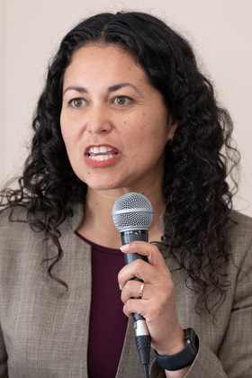 U.S. Rep. Xochitl Torres Small addresses the United Methodist Immigration Task Force during a meeting at Morning Star United Methodist Church in Las Cruces, N.M. Torres Small, who serves New Mexico's 2nd congressional district, says she is proud of the communities along the border who are responding to help migrants in need. Photo by Mike DuBose, UM News.