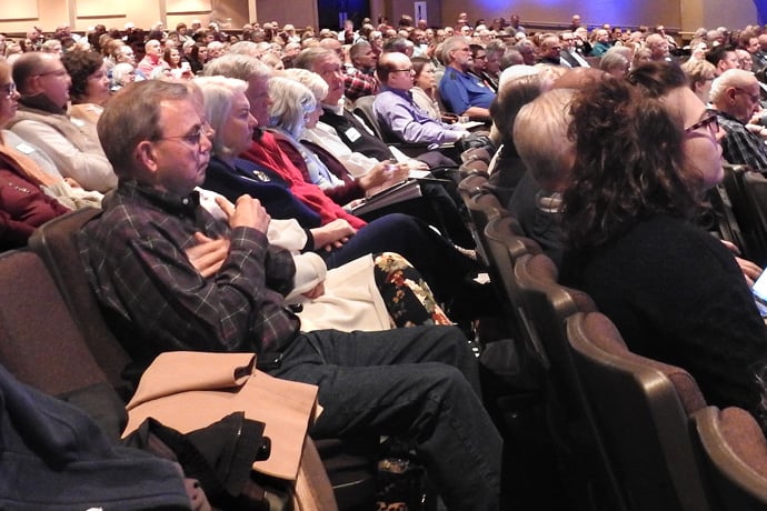 United Methodists from around Alabama and the Southeast listen to a Jan. 25 discussion about the possibility of traditionalists separating into a new denomination. The meeting was at Clearbranch United Methodist Church in Trussville, Ala., and drew more than 1,000 people. Photo by Sam Hodges, UM News.