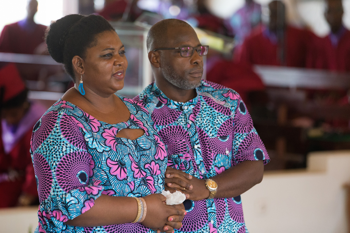 Marianne and Olivier N’Kouassé stand to be recognized after winning a church version of The Newlywed Game at Nazareth United Methodist Church.