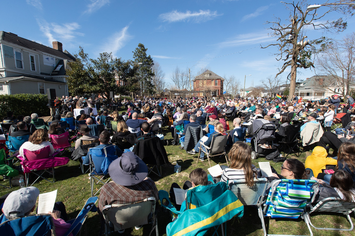 Hundreds of church members and guests gather for worship in the park adjacent to East End United Methodist Church in Nashville, Tenn., on the first Sunday after a tornado struck the church. Photo by Mike DuBose, UM News.