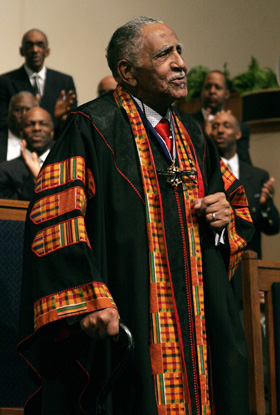 The Rev. Joseph Lowery preaches at Cascade United Methodist Church in Atlanta on Feb. 13th, the day and place of the launching of his first book, “Singing the Lord’s Song in a Strange Land.” Photo by Kathy L. Gilbert, UM News.