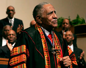 The Rev. Joseph Lowery preaches at Cascade United Methodist Church in Atlanta on Feb. 13, 2011, the day and place of the launching of his first book, “Singing the Lord’s Song in a Strange Land.” File photo by Kathy L. Gilbert, UM News.