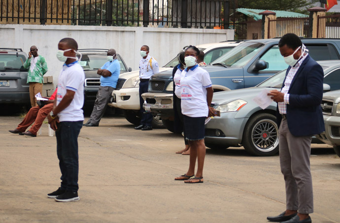 Participants observe the new rules of social distancing at the launch of The United Methodist Church’s Anti COVID-19 Campaign and Taskforce in Sinkor, Liberia, outside Monrovia. Photo by E Julu Swen, UM News.