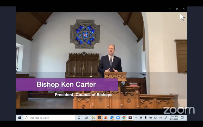 Bishop Kenneth H. Carter urges United Methodists to lean into the connection during the Council of Bishops presidential address April 29. The online meeting included several prepared videos such as Carter’s address. Image courtesy of the Council of Bishops via YouTube.