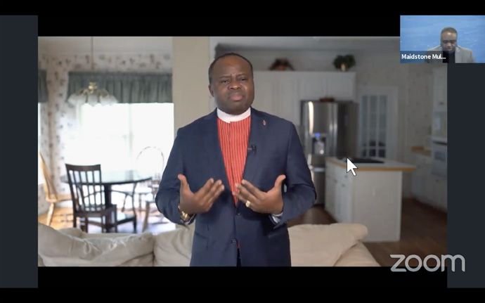 Bishop Mande Muyombo of the North Katanga Area, gives an opening devotion for the Council of Bishops at the April 29 online meeting. The prayer, one of several pre-taped videos during the live meeting, expressed the need for faithfulness during the COVID -19 pandemic and action to help those suffering from the virus. The Rev. Maidstone Mulenga, director of communications for the Council of Bishops, is seen top right. Image courtesy of the Council of Bishops via YouTube.