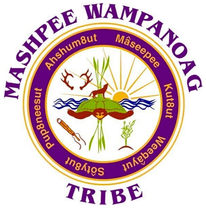 The logo for the Mashpee Wampanoag Tribe features a turtle and other elements of nature. The 2,900-member tribe has filed a preliminary injunction to prevent the Department of the Interior from revoking the reservation status of more than 300 acres of the tribe’s land in Massachusetts.  The hearing date is scheduled for May 7. Logo courtesy of the Mashpee Wampanoag Tribe.