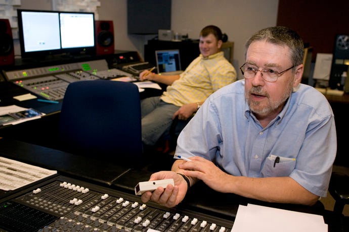 Mike Hickox (front) and Jeremy Trott record audio in the studio at United Methodist Communications in Nashville, Tenn., in 2007. File photo by Mike DuBose, United Methodist Communications.