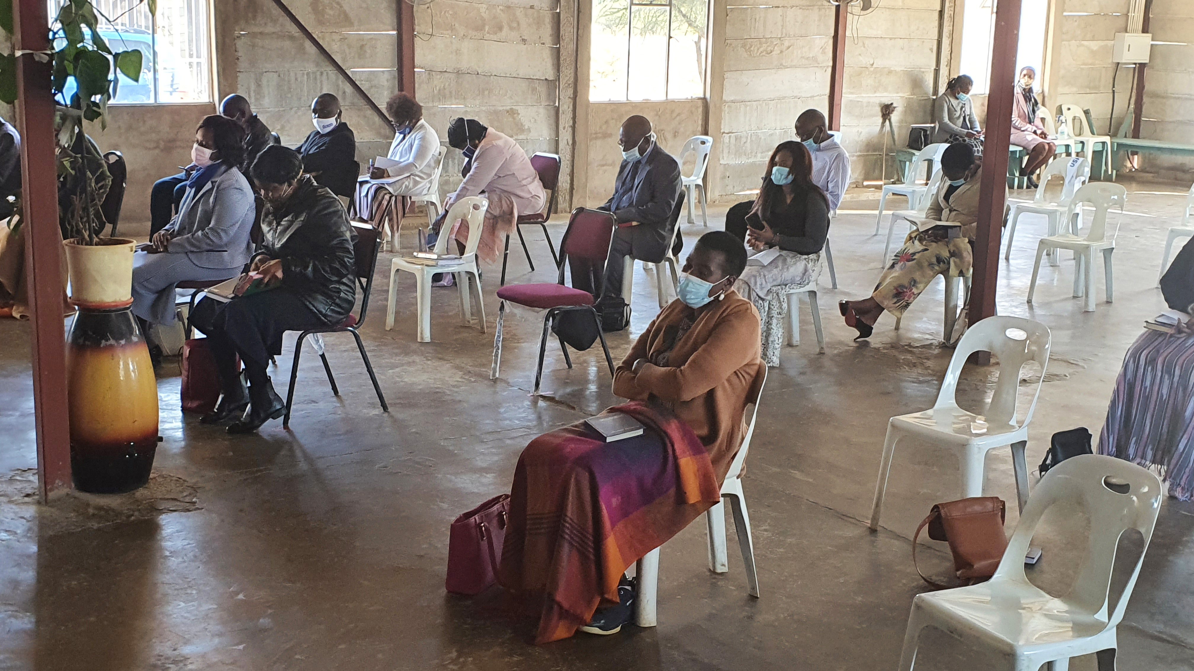 Members of Gaberone United Methodist Church in Gaberone, Botswana, practice social distancing May 31 during the first service following a seven-week lockdown related to the coronavirus. Attendance is limited to 50 people or less during the COVID-19 pandemic.  Photo by David Mandiyanike, Gaberone United Methodist Church.