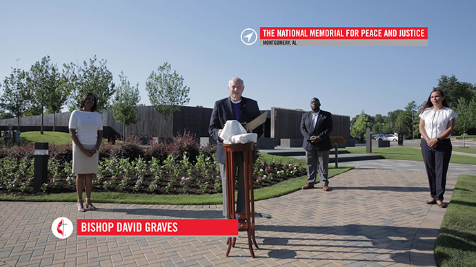 Alabama-West Florida Conference Bishop David Graves (front) joins in The United Methodist Church’s June 24 “Service of Lament, Repentance, Communion and Commitment” while standing in front of the National Memorial for Peace and Justice in Montgomery, Ala. With him, from left, are: Celeste Eubanks and the Revs. Richard Williams and Ashley Davis of the Alabama-West Florida Conference. Screenshot of video by United Methodist Communications.