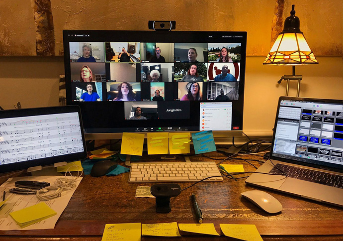 Three separate monitors used by Michael Vaughn, director of music ministry at A&M United Methodist Church in College Station, Texas, show the complex process of editing individual vocal performances to create a virtual choir video. Photo courtesy of Michael Vaughn.