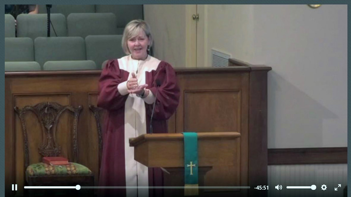 Ellen Hanson, director of traditional music worship at Martha Bowman United Methodist Church in Macon, Ga., does an American Sign Language version of the “Gloria Patri” during a June 24 worship service. Hanson has found ways to keep the congregation and her choir engaged while singing is not allowed due to the COVID-19 pandemic. To watch video click here. Scroll in 13 minutes for the "Gloria Patri." Video image courtesy of Martha Bowman United Methodist Church.