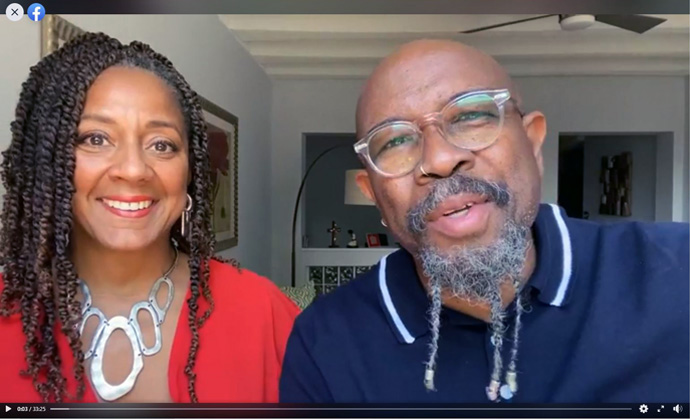 Pastors Rudy (right) and Juanita Rasmus present a Bible study live on the Facebook page for St. John’s United Methodist Church Downtown in Houston. In addition to presenting services and Bible studies virtually, the church is distributing between 20 and 30 tons of food and supplies every week to more than 1,100 families. Screengrab courtesy of St. John’s United Methodist Church by UM News.