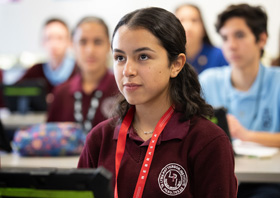 Paula Vizcarra listens to instructions from her algebra teacher at Lydia Patterson Institute, a United Methodist college prep school in El Paso, Texas. The school has had to move to online instruction only during the COVID-19 pandemic. Photo by Mike DuBose, UM News.