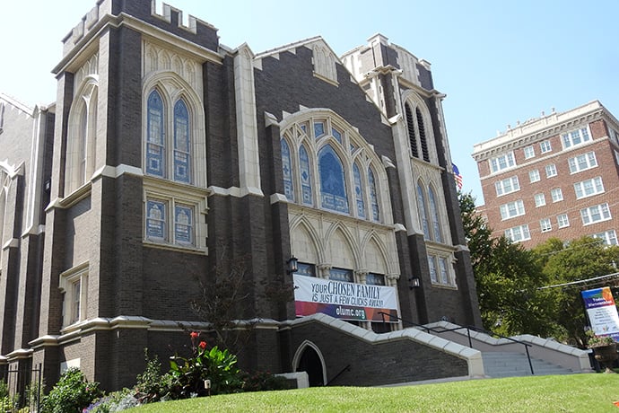 Oak Lawn United Methodist Church routinely opens its doors as a shelter on freezing nights, thanks to a push by Billie Jean Baker. As a homeless person, she spent many nights sleeping in the Dallas church’s shadows. Photo by Sam Hodges, UM News.