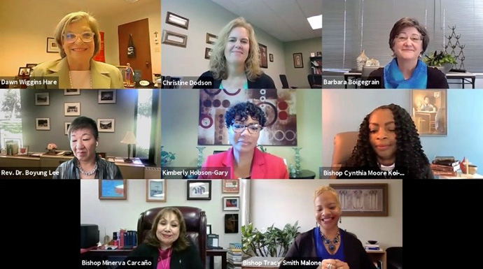 Dawn Wiggins Hare, top executive of the United Methodist Commission on the Status and Role of Women, moderates a panel on effective strategies for women in leadership during the I AM Her Women’s Leadership Summit. Pictured are, top row, Wiggins Hare, Christine Dodson and Barbara Boigegrain; middle row, the Rev. Boyung Lee, Kimberly Hobson-Gary and Bishop Cynthia Moore-Koikoi and bottom row, Bishop Minerva Carcaño and Bishop Tracy Smith Malone. Photo courtesy of GNTV Media Ministry.