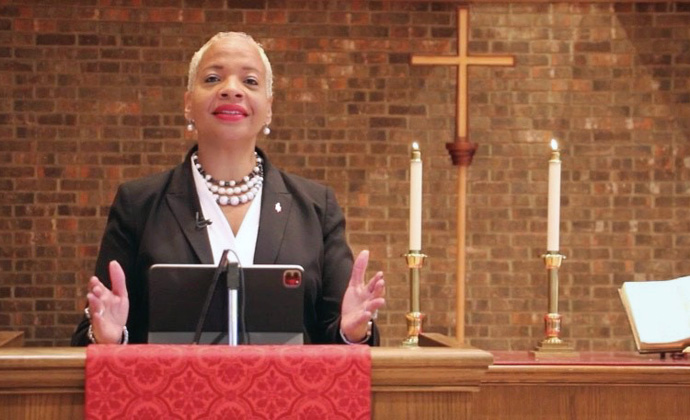 East Ohio Bishop Tracy Smith Malone, president of the Commission on the Status and Role of Women, preached during opening worship for the I AM Her Women’s Leadership Summit. Screenshot courtesy of GNTV Media Ministry.