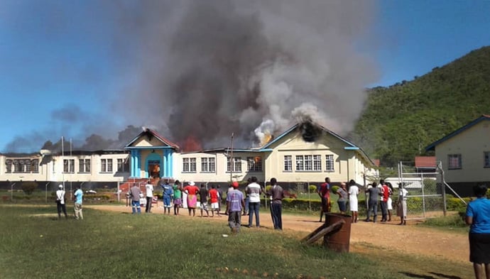 A fire partially destroyed United Methodist Hartzell High School on April 6, 2019. The Hartzell Old Student Association is helping replace some of the 40,000 books lost in the fire. File photo by Sengurayi Mashiri.