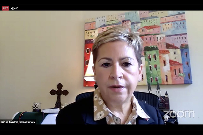 United Methodist Bishop Cynthia Fierro Harvey presides over an online meeting of the denomination’s Council of Bishops. Amid financial pressure and a potential denominational split, the council called for postponing elections of new U.S. bishops and urged that five new African bishops be added only as resources allow. UM News screenshot via Zoom.