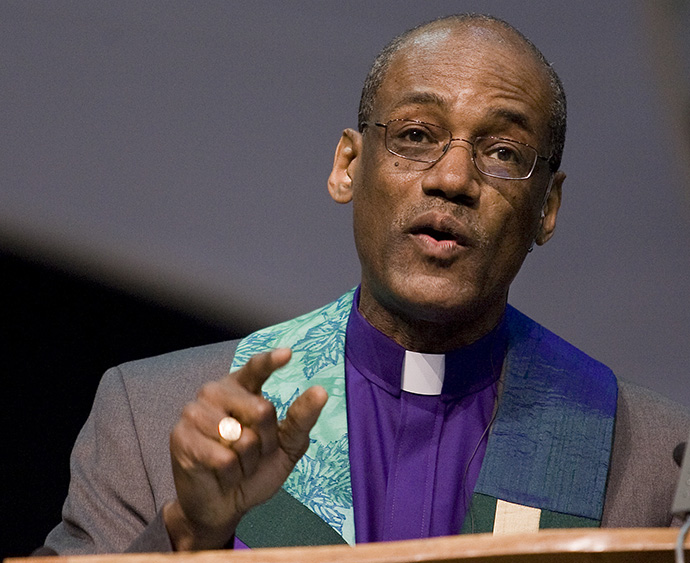 United Methodist Bishop Ernest Lyght gives the sermon during morning worship at the 2008 United Methodist General Conference in Fort Worth, Texas. Lyght says the denomination’s Dismantling Racism campaign is long overdue. File photo by Mike DuBose, UM News.