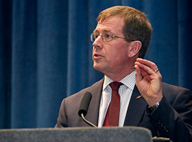 Texas Conference Bishop Scott Jones addresses The United Methodist Church's 2012 pre-General Conference news briefing in Tampa, Fla. Bishop Jones has intervened on the side of the South Central Jurisdictional Conference in its lawsuit against Southern Methodist University. File photo by Mike DuBose, UM News.