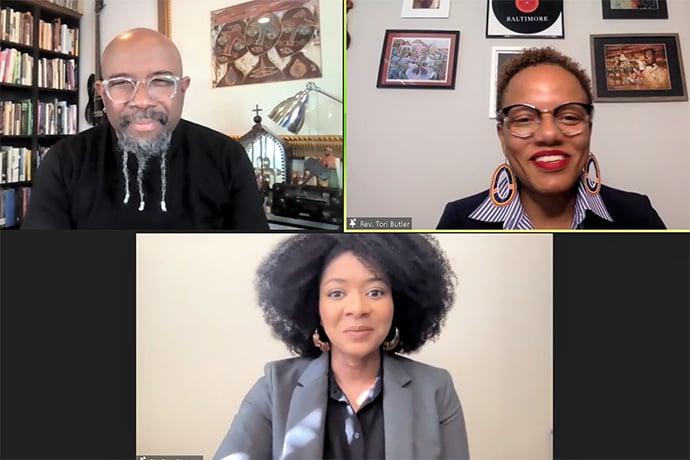 Co-authors of the book “I’m Black. I’m Christian. I’m Methodist” join in a panel discussion during an online meeting of Black Methodists for Church Renewal. Clockwise from upper left are: the Revs. Rudy Rasmus, Tori Butler and Erin Beasley. Screenshot via Zoom.