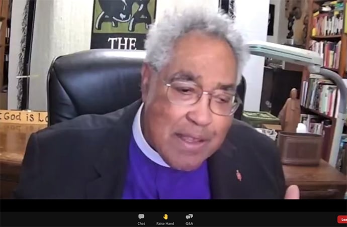 Retired Bishop Forrest C. Stith gives the keynote address during an online meeting of Black Methodists for Church Renewal, the Black caucus of The United Methodist Church. Screenshot via Zoom.