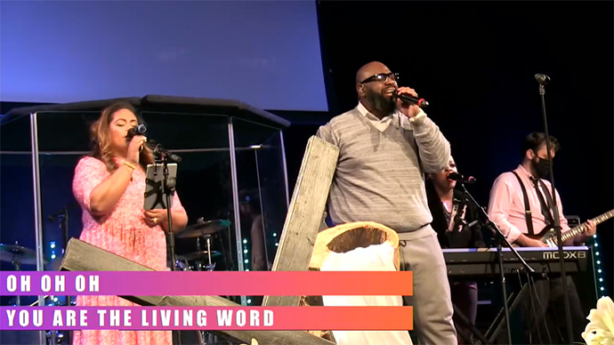 A multi-ethnic worship team leads music during Easter Sunday worship at Garfield Memorial United Methodist Church in suburban Cleveland, Ohio. Screenshot courtesy of Garfield Memorial United Methodist Church.