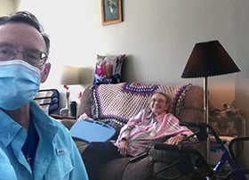 Phil Estrem (left), a volunteer with the South Crestview campus of Crosspoint, a United Methodist church in Niceville, Fla., regularly visits Martha Lambert to take her to her pedicure appointment. Photo courtesy of Phil Estrem.