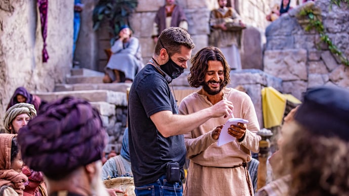 Director Dallas Jenkins (left) speaks to actor Jonathan Roumie on the set of “The Chosen,” a television series that portrays Jesus "through the eyes of those who met him.” The Rev. Chappell Temple of Christ United Methodist Church in Sugar Land, Texas, is doing an evening study based on the popular show. Photo by Barr Photography, courtesy of VidAngel.