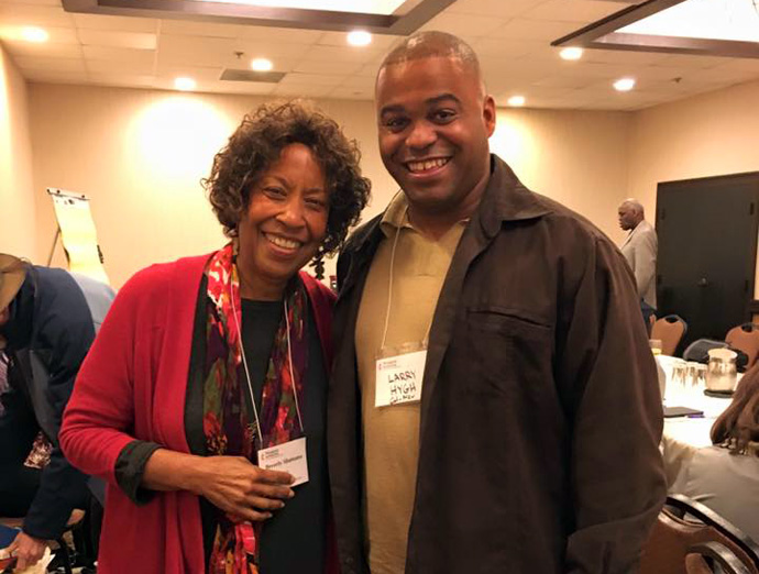 Bishop Beverly J. Shamana poses for a photo with Dr. Larry R. Hygh Jr. during a Western Jurisdiction Mission Cabinet meeting. Photo courtesy of the author.