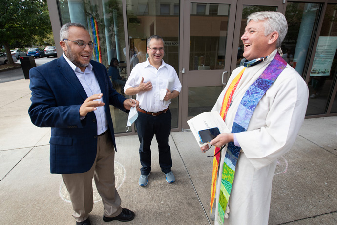 The Rev. Paul Purdue (right) welcomes Imam Ossama Bahloul (left) and board chairman Kamel Daouk from the Islamic Center of Nashville to Belmont United Methodist Church in Nashville, Tenn. The leaders of the nearby mosque came to Belmont on Aug. 29 to express their appreciation to the church for hosting their congregation during Friday prayers in the month of Ramadan. Photo by Mike DuBose, UM News.