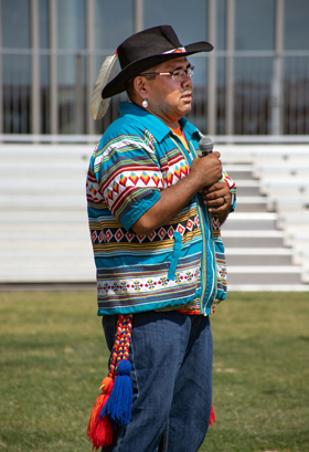 The Rev. Chebon Kernell, a United Methodist elder and executive director of the denomination’s Native American Comprehensive Plan, speaks Sept. 19 during the grand opening events at First Americans Museum. Kernell was a tribal consultant on some of the exhibits. Photo courtesy of First Americans Museum.  