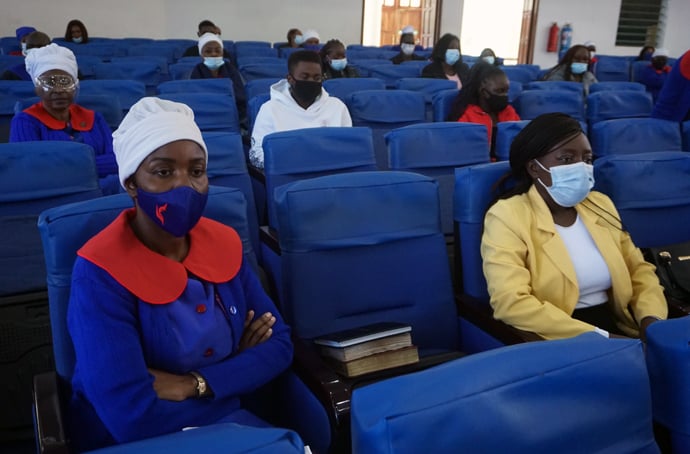 Churchgoers wear masks and practice social distancing in the sanctuary of Chisipiti United Methodist Church in Harare, Zimbabwe. The government announced in September that both vaccinated and unvaccinated congregants can worship in-person together. Photo by Kudzai Chingwe, UM News. 