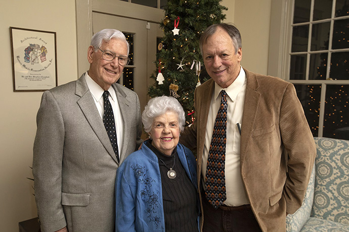 Frye Gaillard (right) visits with the Rev. Steve Dill and his wife, Ruth Dill. For Gaillard, Rev. Dill embodied the faith. The pastor died January 14 at age 93. Photo courtesy of Frye Gaillard.