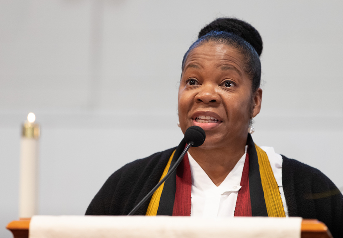 Janice Hayes tells the story of Dr. Rebecca Lee Crumpler, the first African American woman to become a doctor of medicine in the United States, during a Black History Month segment Feb. 6 at John Wesley United Methodist Church. Photo by Mike DuBose, UM News.