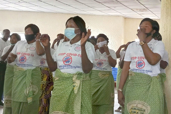 Members of the Bana Ba Zəmanədə choir from the North Katanga Conference sing during a gathering to share information about how to combat COVID-19 in rural areas of Congo. Photo by the Rev. Betty Kazadi Musau, UM News.