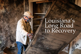 United Methodist volunteer Stan Smith removes rotted closet doors from a bedroom covered in mold at Eugene Mogabgab’s home, which was damaged by Hurricane Ida in Thibodaux, La. Photo by Mike DuBose, UM News.