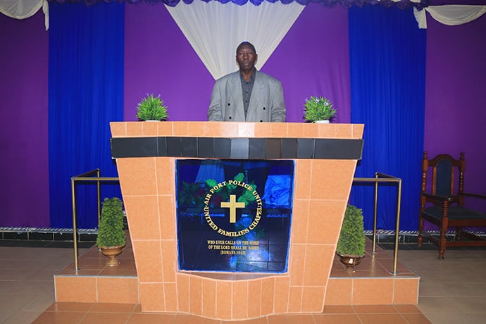 The Rev. Eliud Karanja preaches at the Kenya Airport Police Unit United Families Chapel. Photo by Gad Maiga, UM News. 