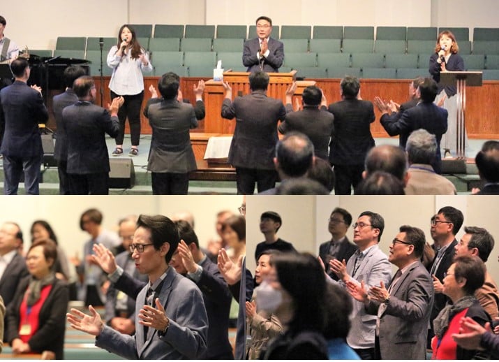 한인교회총회에 참석한 사람들이 찬양과 기도를 하고 있다. 사진, 김응선 목사, 연합감리교뉴스.