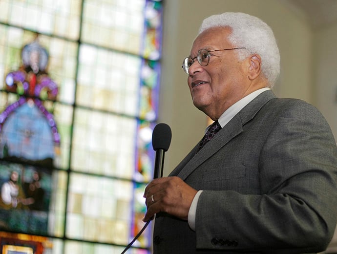 The Rev. James Lawson speaks about nonviolence at First Baptist Church in Montgomery, Ala., the site of a 1961 confrontation between Freedom Riders and an angry mob. The visit to the church was part of a 2009 congressional civil rights pilgrimage to Alabama. Lawson was one of several United Methodist leaders participating in the trip sponsored by the Faith and Politics Institute. File photo by Kathy L. Gilbert, UM News. 