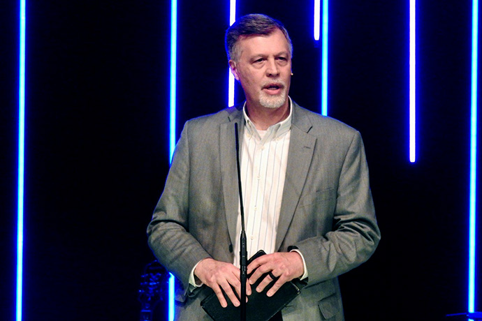 United Methodist Bishop Mark Webb of the Upper New York Conference gives the closing devotional at the May 7 Global Gathering of the Wesleyan Covenant Association. Photo by Sam Hodges, UM News.