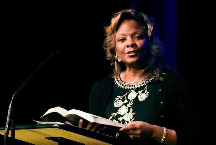 The Rev. Angela Pleasants preaches at the May 7 Global Gathering of the Wesleyan Covenant Association. Pleasants, who serves as the WCA’s vice president for clergy and church relations, has withdrawn from The United Methodist Church and is among the first clergy members of the new Global Methodist Church. She will be joining that denomination’s staff. Photo by Sam Hodges, UM News