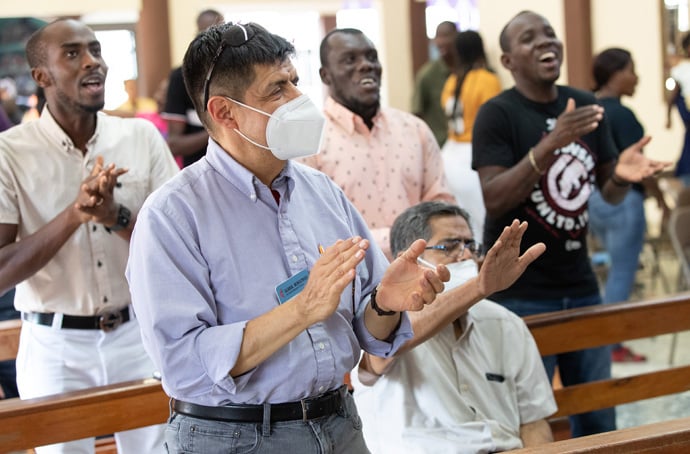 The Rev. Joel Hortiales (front, left) and Bishop Felipe Ruiz Aguilar of the Methodist Church of Mexico join with Haitian migrants to celebrate Easter at Seventh Baptist Church in Tapachula, Mexico. Hortiales is a United Methodist missionary and serves as director of Hispanic/Latino ministries and border concerns for the California-Pacific Conference. Photo by Mike DuBose, UM News.