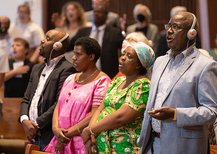 Members of the MARIM congregation worship in the Kinyarwanda language, spoken in Rwanda, eastern Congo and adjacent parts of southern Uganda during World Communion Sunday at Hillcrest United Methodist Church. Photo by Mike DuBose, UM News.