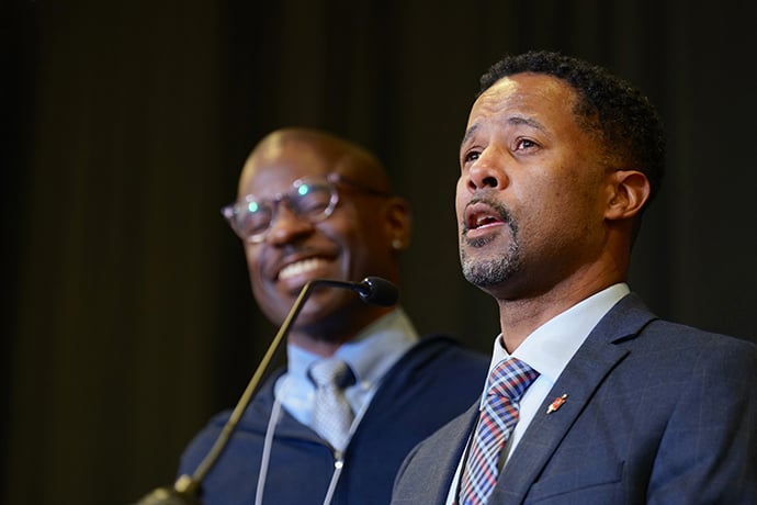 Bishop Cedrick Bridgeforth addresses the delegates, guests and his new episcopal colleagues, shortly after his election. His husband, Christopher Hucks-Ortiz, stands at his side. Photo by Patrick Scriven (Pacific Northwest) for the Western Jurisdiction.