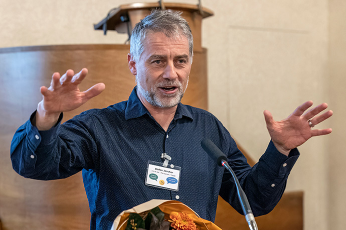 Newly elected Bishop Stefan Zürcher addresses delegates and guests at the Central and Southern Europe Central Conference. Zürcher was elected Nov. 18 at the conference, which met in Basel, Switzerland. The central conference comprises United Methodist churches in 13 countries in Europe and North Africa. Photo by the Rev. Joerg Niederer.