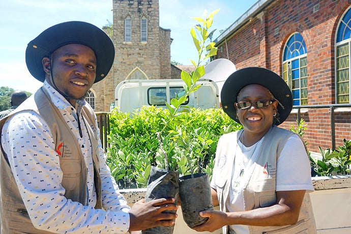 Cephas Maritaona, projects officer for the United Church of Christ in Zimbabwe, and Rebecca Tendai Gurupira with The United Methodist Church coordinate the delivery of trees to be planted as part of an ecumenical project addressing climate change. Photo by Kudzai Chingwe, UM News.