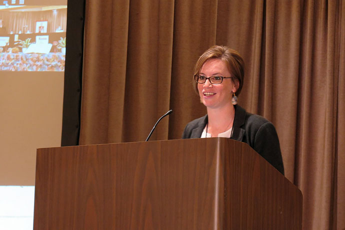 Ashley Boggan, a United Methodist historian, leads a teaching session with the Council of Bishops on the history of the episcopacy. She discussed how the role of bishop has changed from the days of Bishop Francis Asbury to now, while challenging bishops to embrace the risk-taking leadership style of Methodism’s founder John Wesley. Photo by Heather Hahn, UM News.