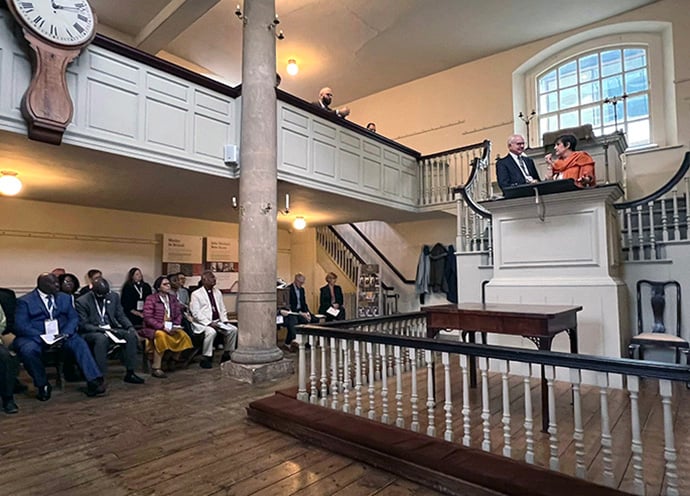 Adriana Murriello (right) speaks alongside the Rev. Thomas V. Wolfe in the New Room chapel in Bristol, England, upon being elected as the next president of the International Association of Methodist Schools, Colleges and Universities during the 10th joint international conference, April 25-May 1. The chapel was built and used by John and Charles Wesley and the early Methodists. Photo by Kimberly Lord, the United Methodist Board of Higher Education and Ministry. 